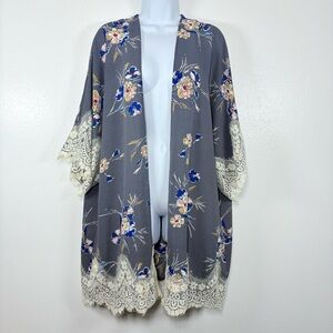 Umgee Charcoal Floral Kimono Cardigan w/ Lace Trim Open Front Boho Romantic SzXL
